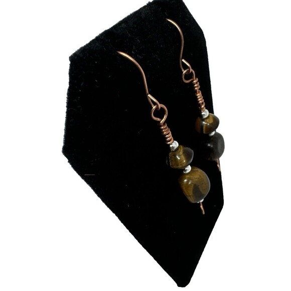 Copper And Tiger's Eye Stone Dangle Earrings Handmade Copper Ear Hooks - Picture 3 of 8